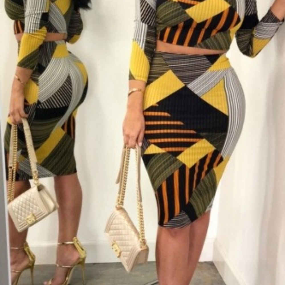 2 piece top and skirt long sleeve High Waisted